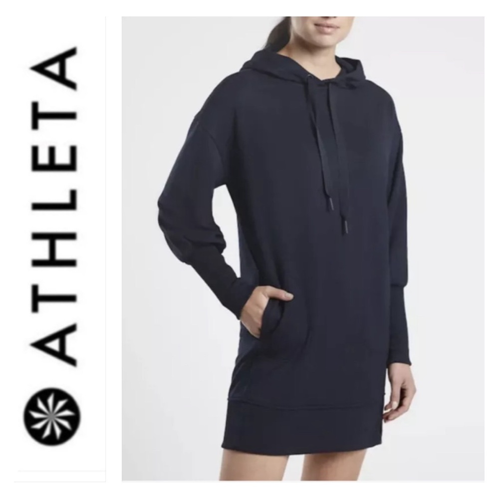 Athleta Mala Hoodie Dress 599866 Navy Blue Pockets SOFT Stretch Sweatshirt Terry
